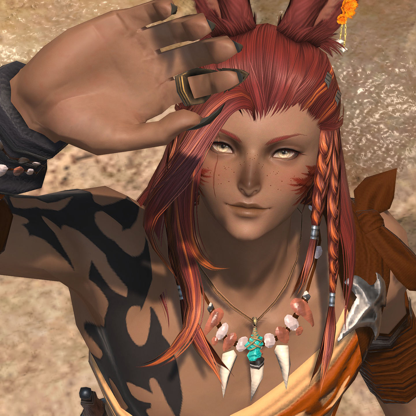 Hjalti, a brown-skinned viera with red hair, looking upward and onward.